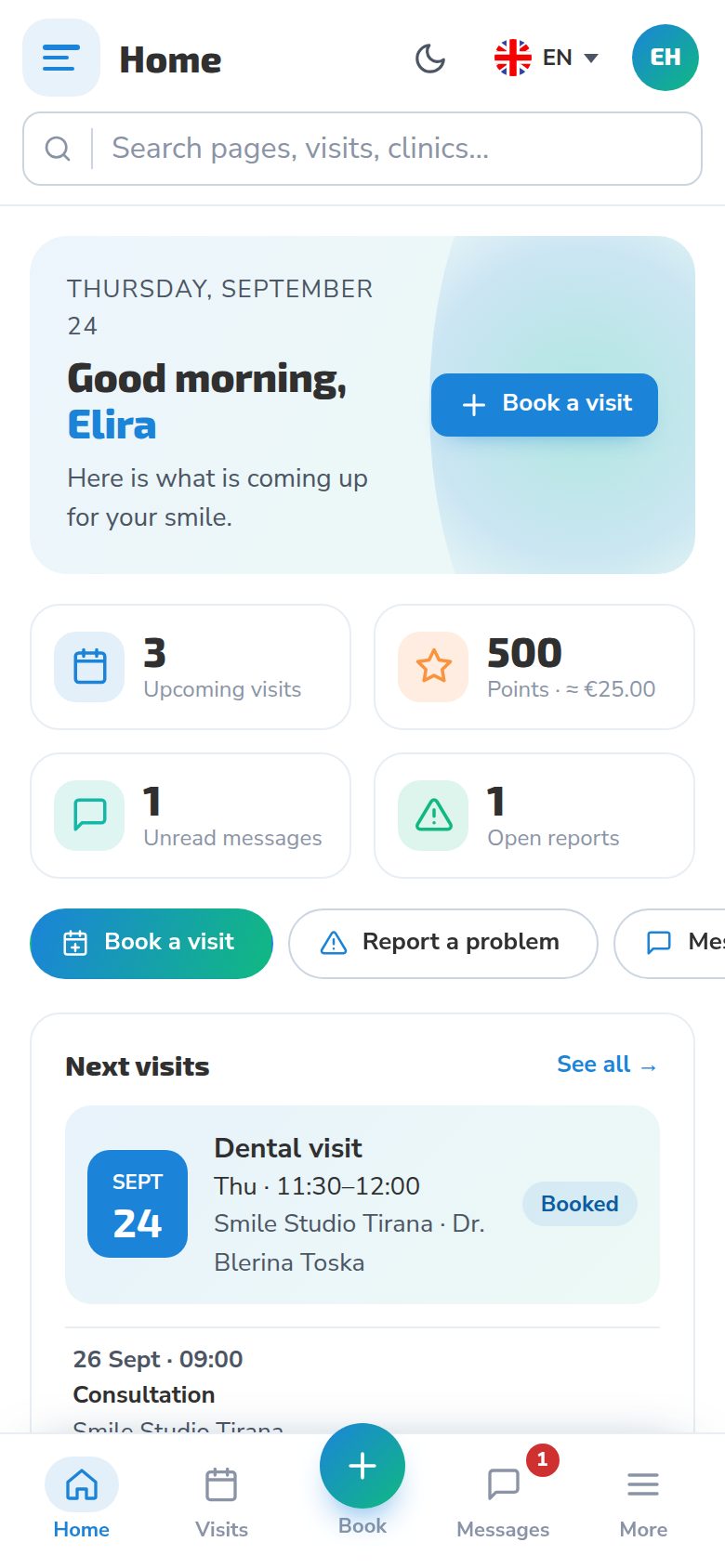 Dentix patient app home screen